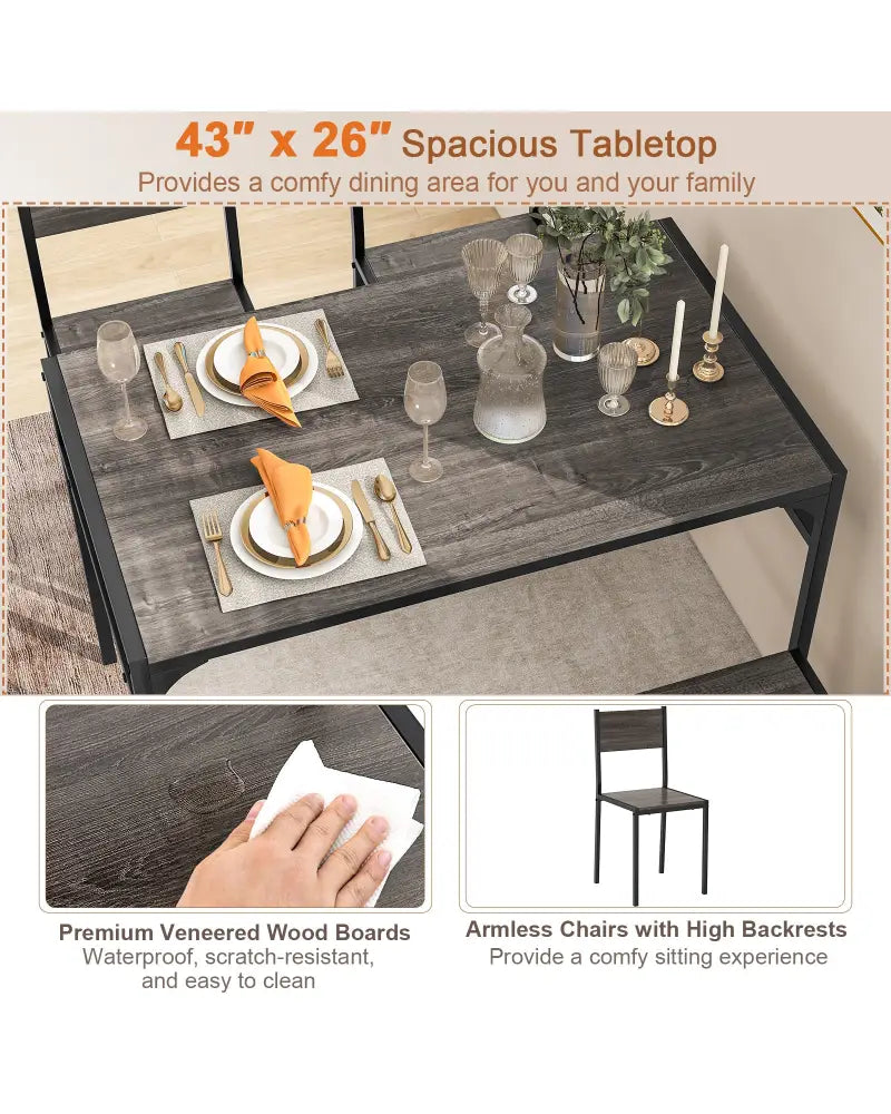 Industrial Style Rectangular Kitchen Table with Bench and Chairs-Gray - Gray - Dining Room Sets