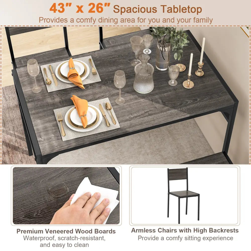 Industrial Style Rectangular Kitchen Table with Bench and Chairs-Gray - Gray - Dining Room Sets
