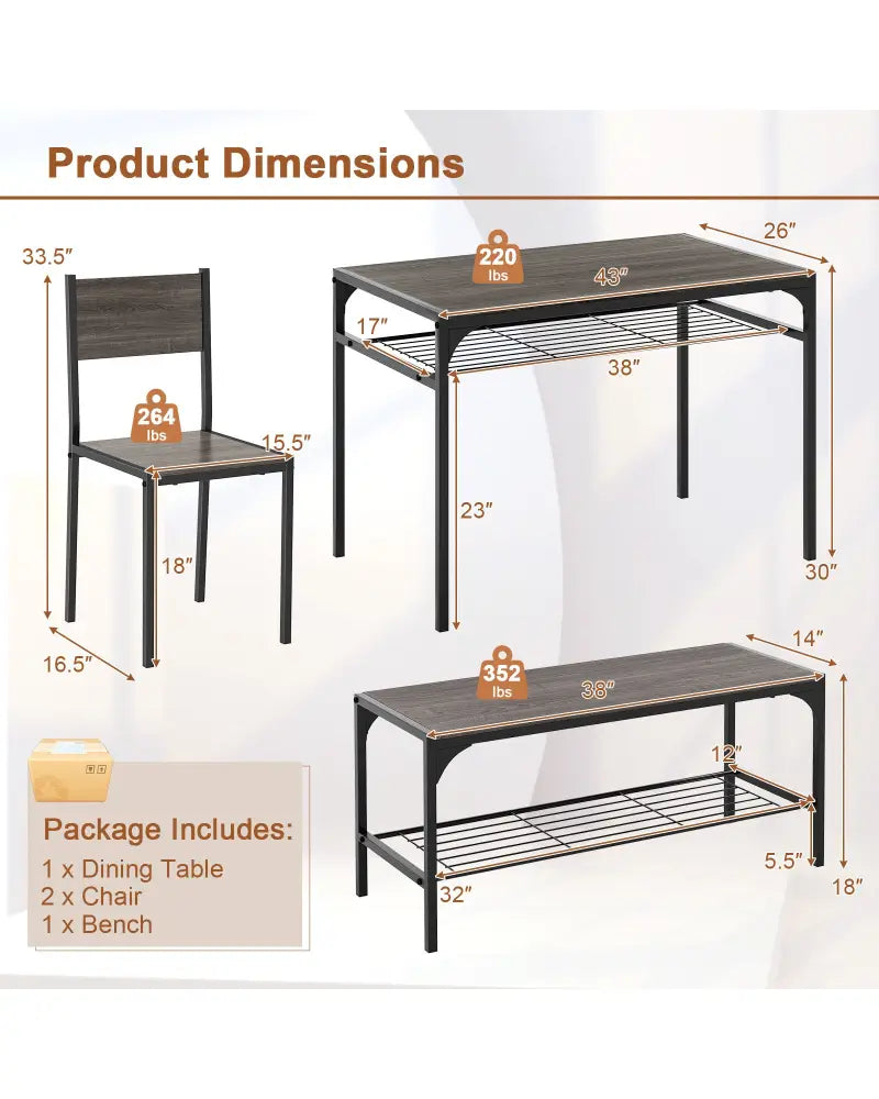 Industrial Style Rectangular Kitchen Table with Bench and Chairs-Gray - Gray - Dining Room Sets