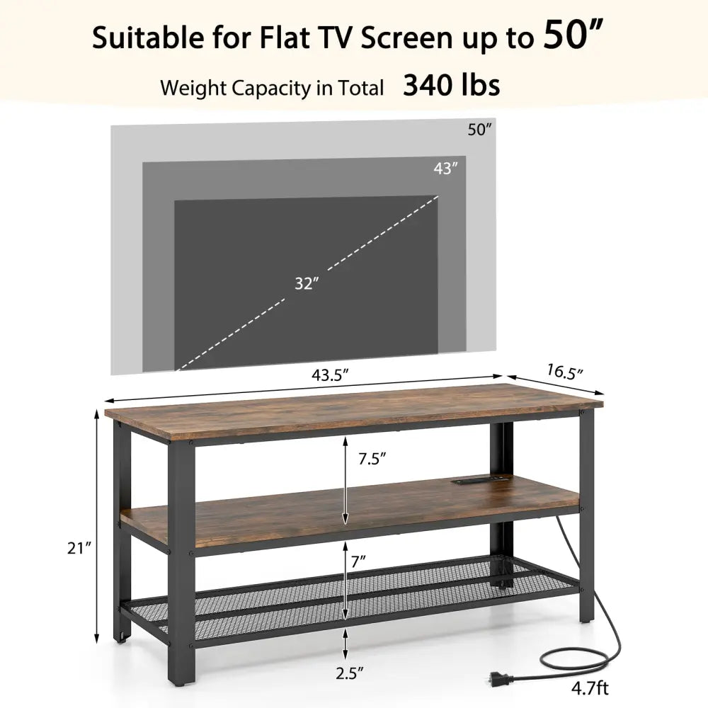 Industrial TV Stand up to 50 Inches with Power Outlets and USB Ports-Rustic Brown - Rustic Brown - Entertainment