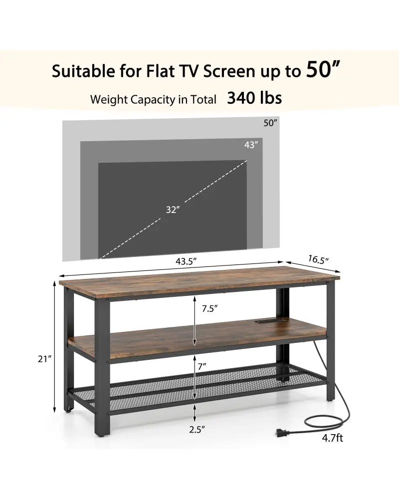 Industrial TV Stand up to 50 Inches with Power Outlets and USB Ports-Rustic Brown - Rustic Brown - Entertainment