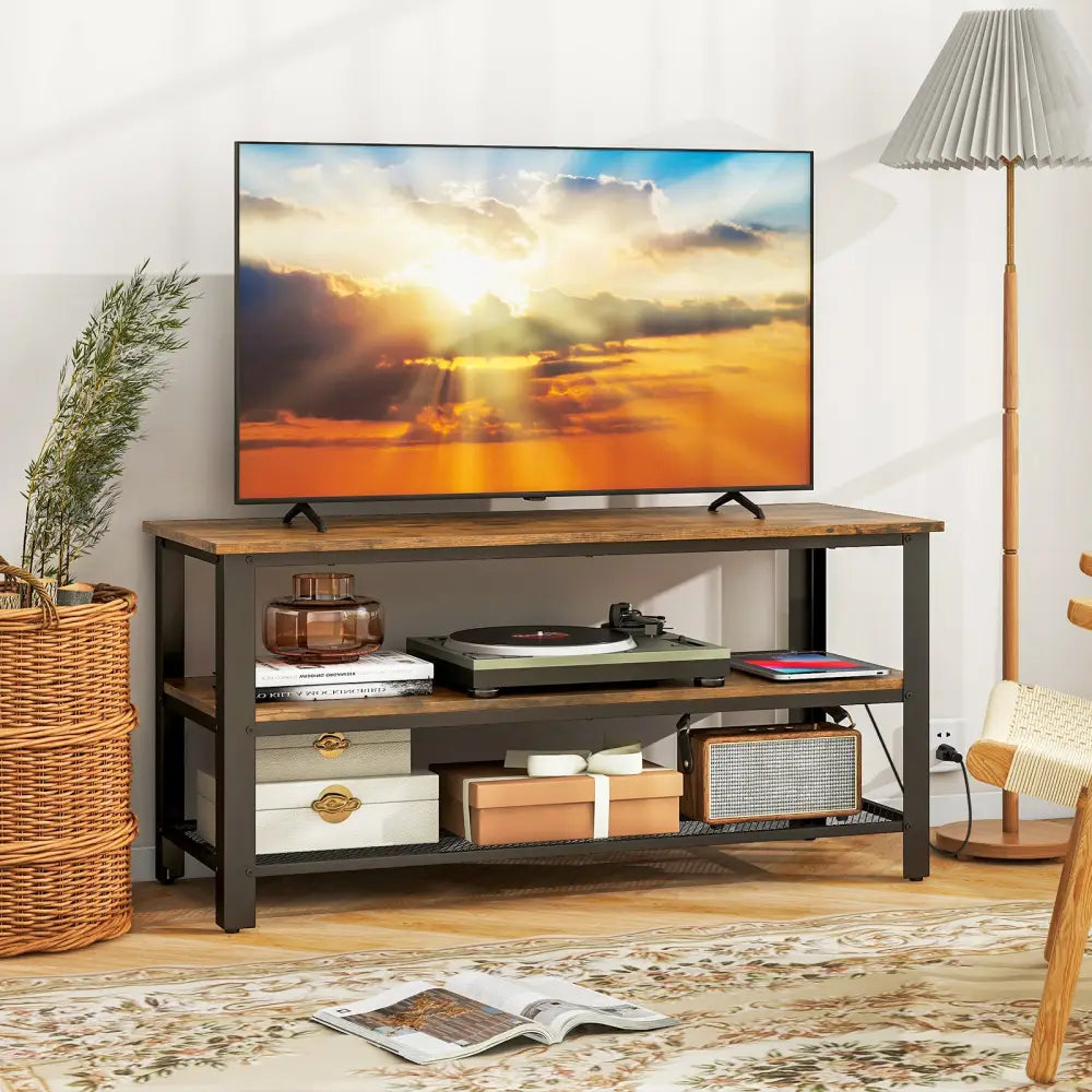 Industrial TV Stand up to 50 Inches with Power Outlets and USB Ports-Rustic Brown - Rustic Brown - Entertainment