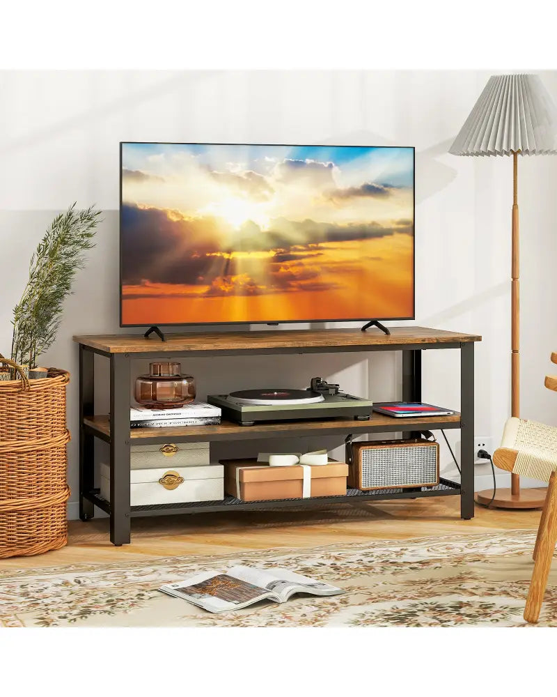 Industrial TV Stand up to 50 Inches with Power Outlets and USB Ports-Rustic Brown - Rustic Brown - Entertainment