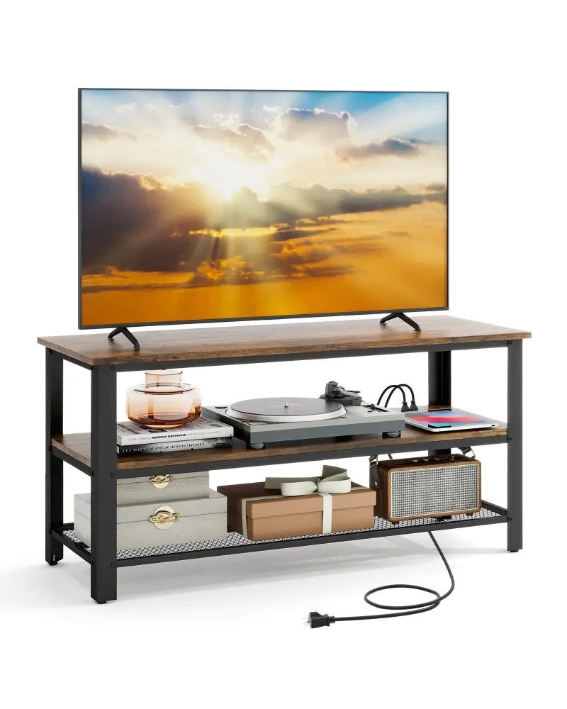 Industrial TV Stand up to 50 Inches with Power Outlets and USB Ports-Rustic Brown - Rustic Brown - Entertainment