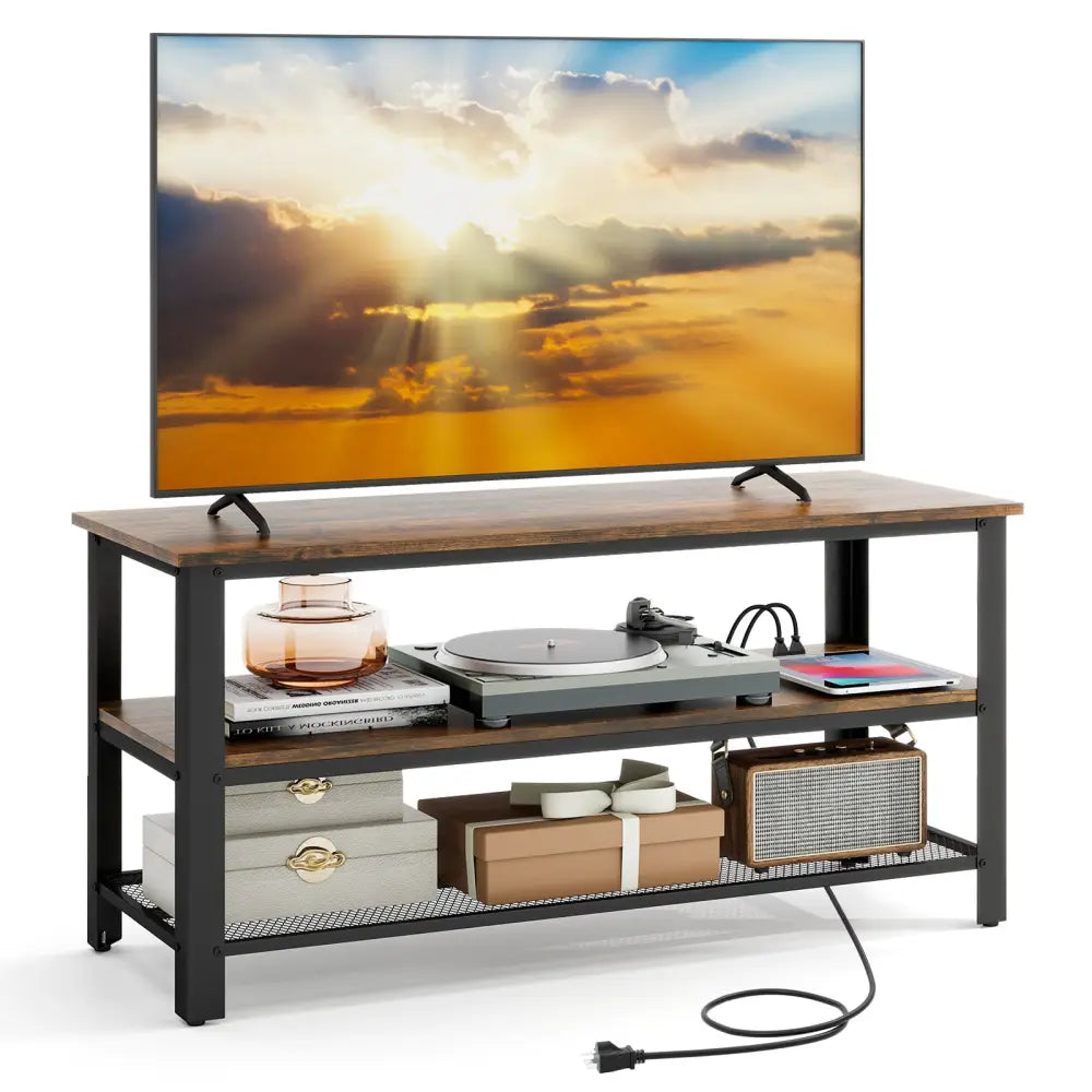 Industrial TV Stand up to 50 Inches with Power Outlets and USB Ports-Rustic Brown - Rustic Brown - Entertainment