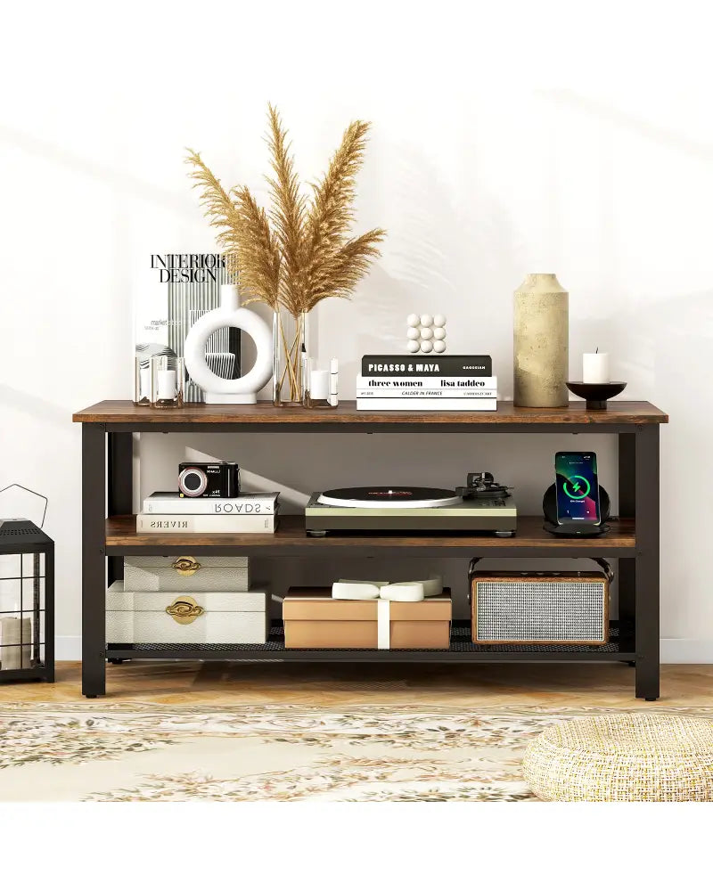 Industrial TV Stand up to 50 Inches with Power Outlets and USB Ports-Rustic Brown - Rustic Brown - Entertainment