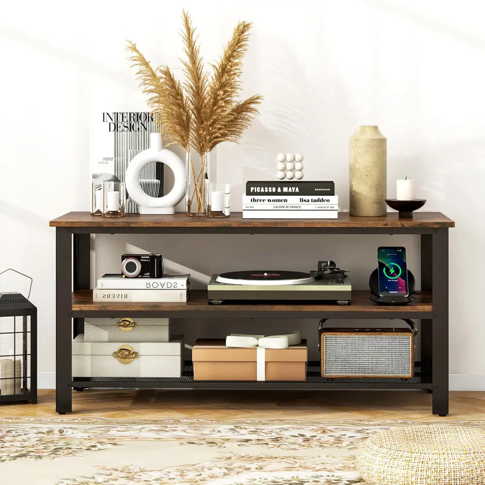 Industrial TV Stand up to 50 Inches with Power Outlets and USB Ports-Rustic Brown - Rustic Brown - Entertainment
