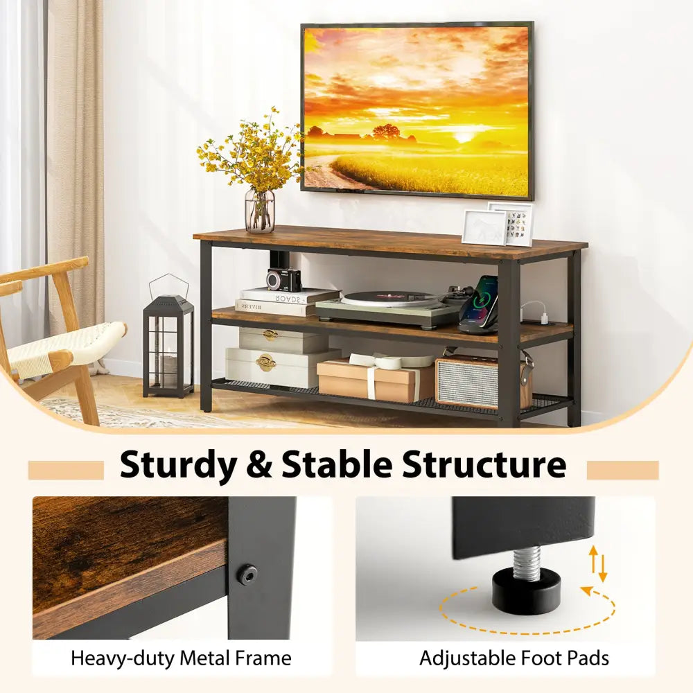 Industrial TV Stand up to 50 Inches with Power Outlets and USB Ports-Rustic Brown - Rustic Brown - Entertainment