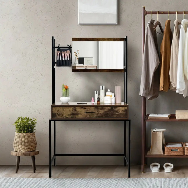Industrial Vanity Table with 3-Height Adjustable Mirror Bag-Brown - Brown - Makeup Vanities