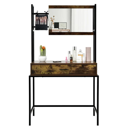 Industrial Vanity Table with 3-Height Adjustable Mirror Bag-Brown - Brown - Makeup Vanities