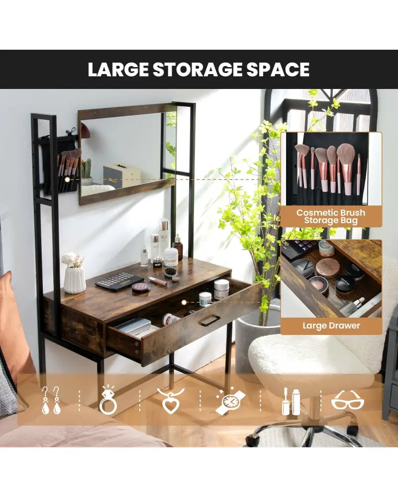 Industrial Vanity Table with 3-Height Adjustable Mirror Bag-Brown - Brown - Makeup Vanities
