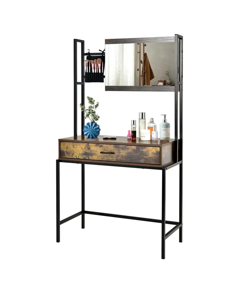 Industrial Vanity Table with 3-Height Adjustable Mirror Bag-Brown - Brown - Makeup Vanities