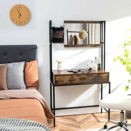 Industrial Vanity Table with 3-Height Adjustable Mirror Bag-Brown - Brown - Makeup Vanities