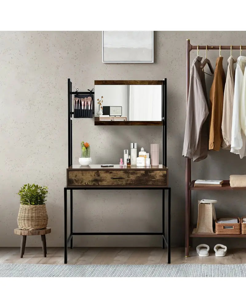 Industrial Vanity Table with 3-Height Adjustable Mirror Bag-Brown - Brown - Makeup Vanities