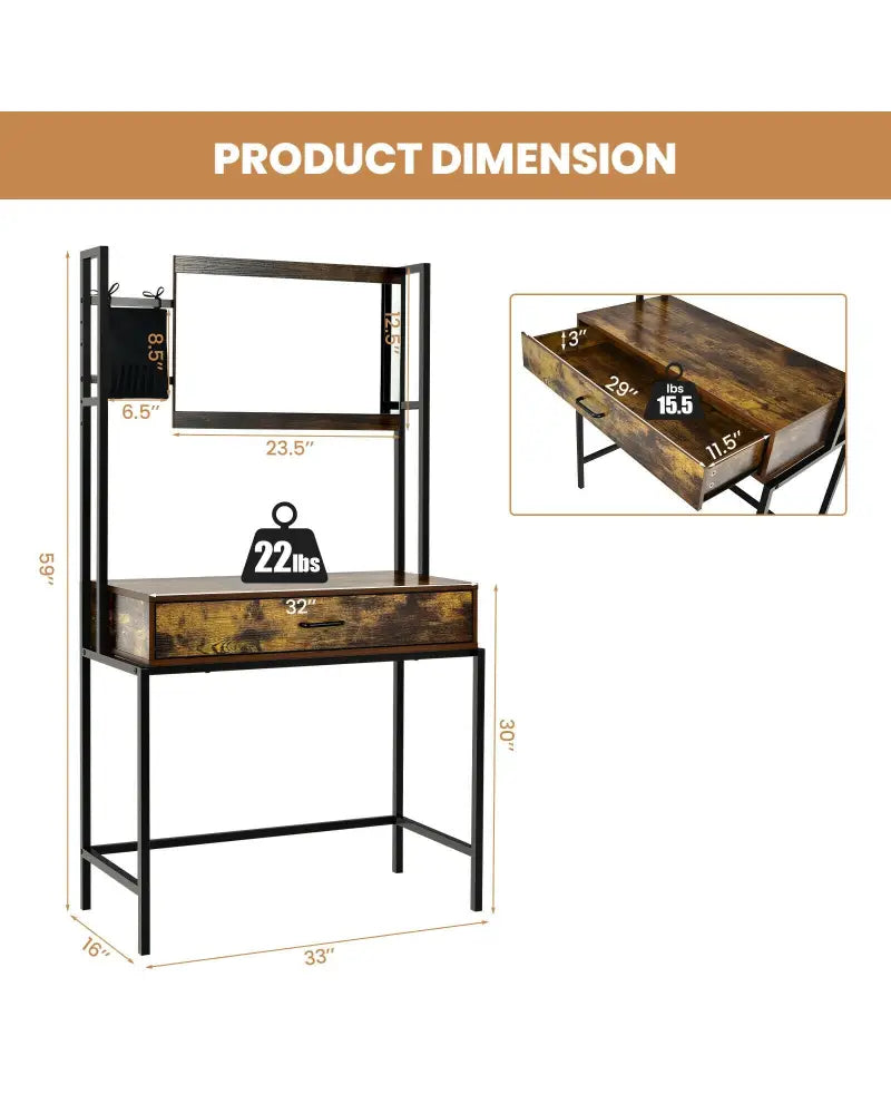 Industrial Vanity Table with 3-Height Adjustable Mirror Bag-Brown - Brown - Makeup Vanities