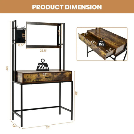 Industrial Vanity Table with 3-Height Adjustable Mirror Bag-Brown - Brown - Makeup Vanities