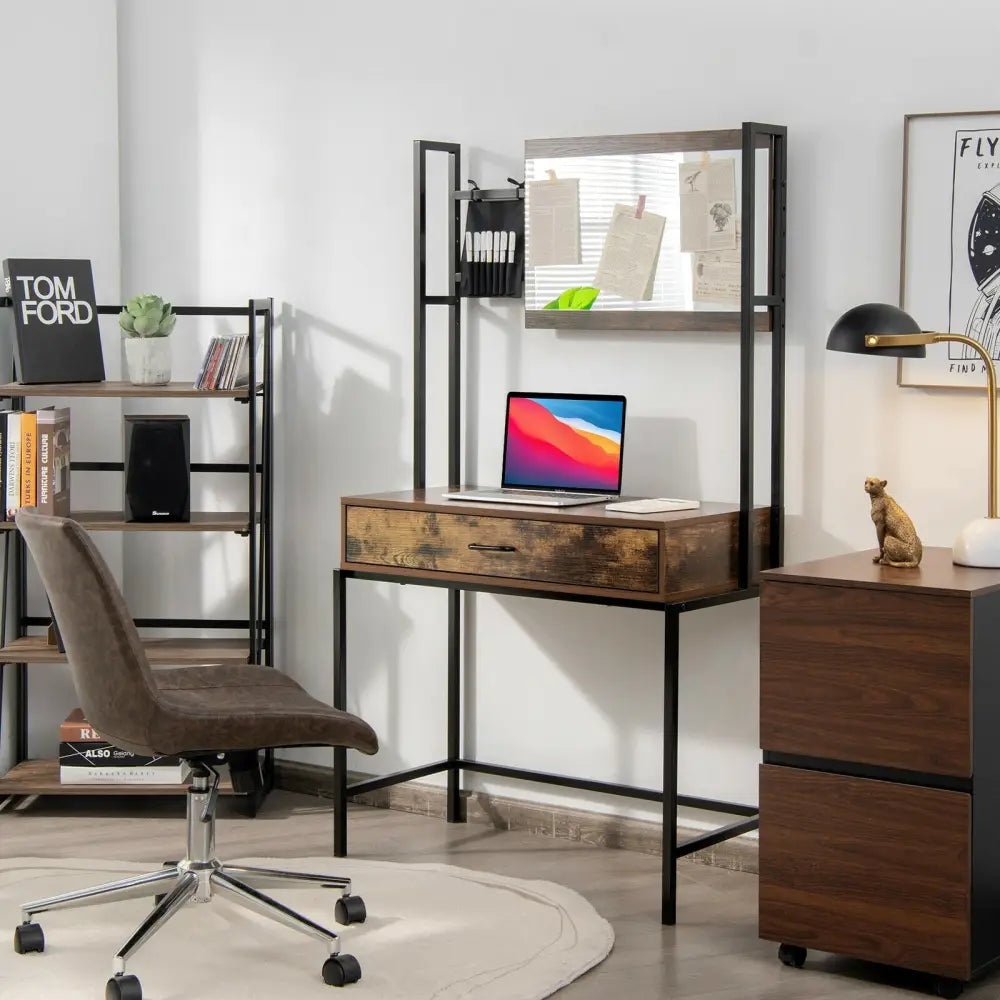 Industrial Vanity Table with 3-Height Adjustable Mirror Bag-Brown - Brown - Makeup Vanities