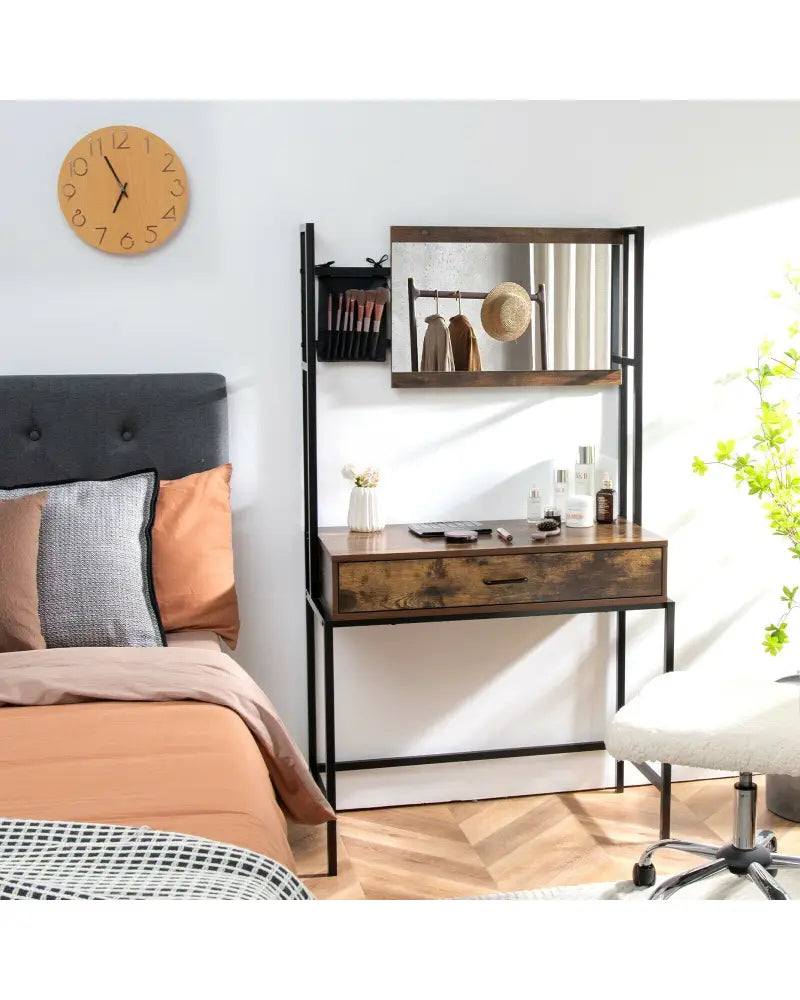 Industrial Vanity Table with 3-Height Adjustable Mirror Bag-Brown - Brown - Makeup Vanities