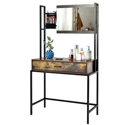 Industrial Vanity Table with 3-Height Adjustable Mirror Bag-Brown - Brown - Makeup Vanities