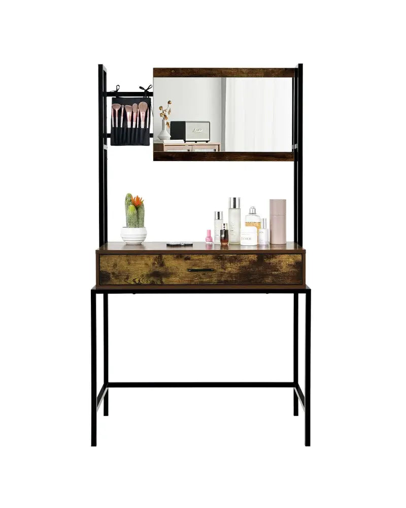 Industrial Vanity Table with 3-Height Adjustable Mirror Bag-Brown - Brown - Makeup Vanities