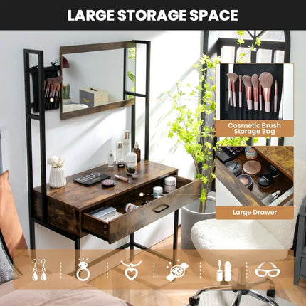 Industrial Vanity Table with 3-Height Adjustable Mirror Bag-Brown - Brown - Makeup Vanities