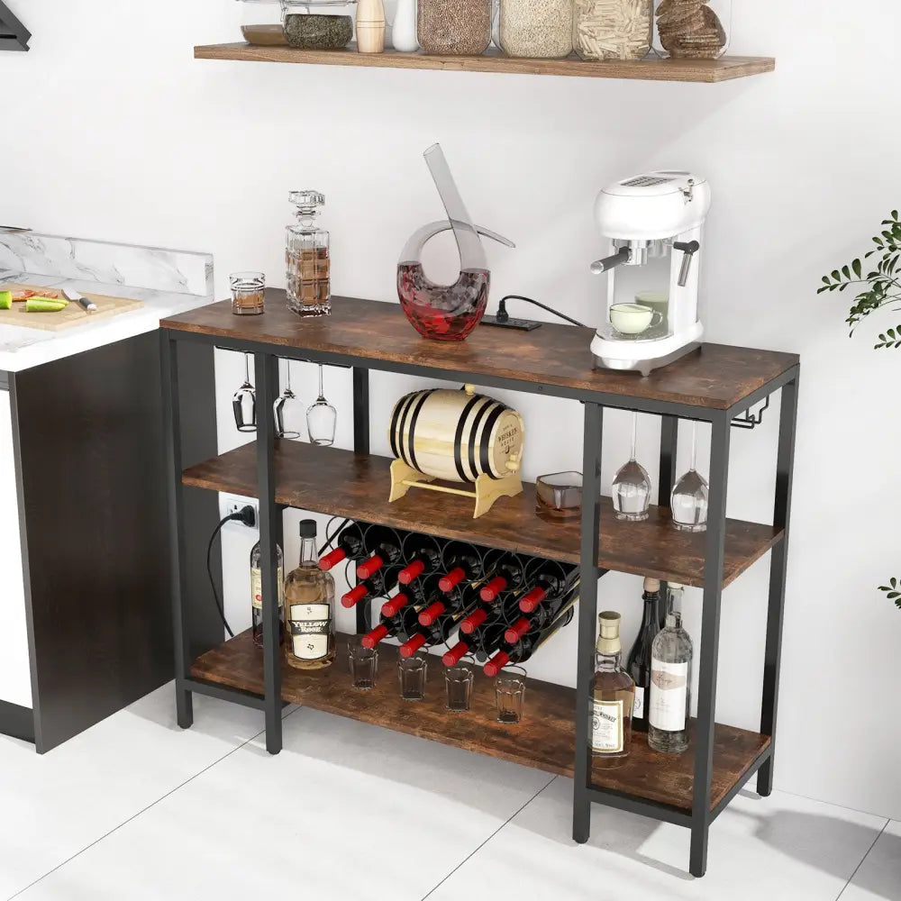 Industrial Wine Rack Wine Bar Cabinet with Storage Shelves-Brown - Brown - Wine Racks