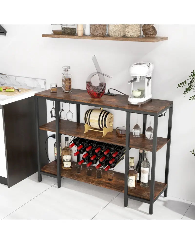 Industrial Wine Rack Wine Bar Cabinet with Storage Shelves-Brown - Brown - Wine Racks
