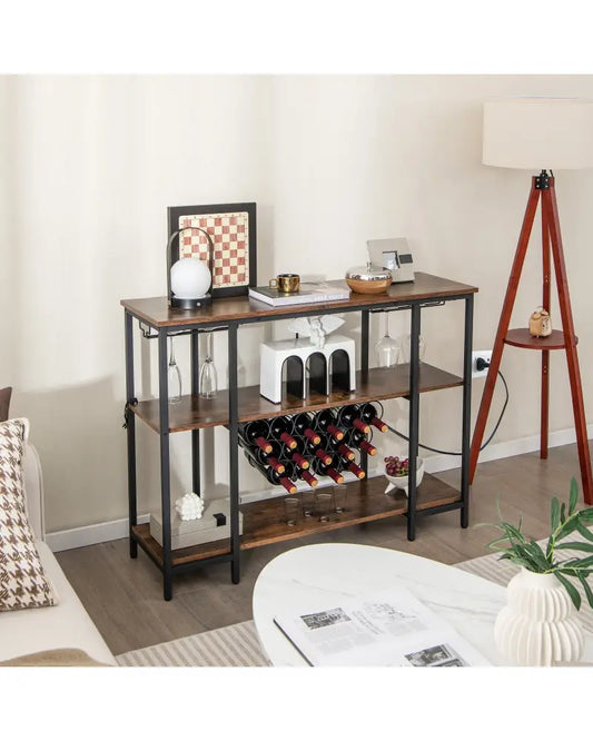 Industrial Wine Rack Wine Bar Cabinet with Storage Shelves-Brown - Brown - Wine Racks