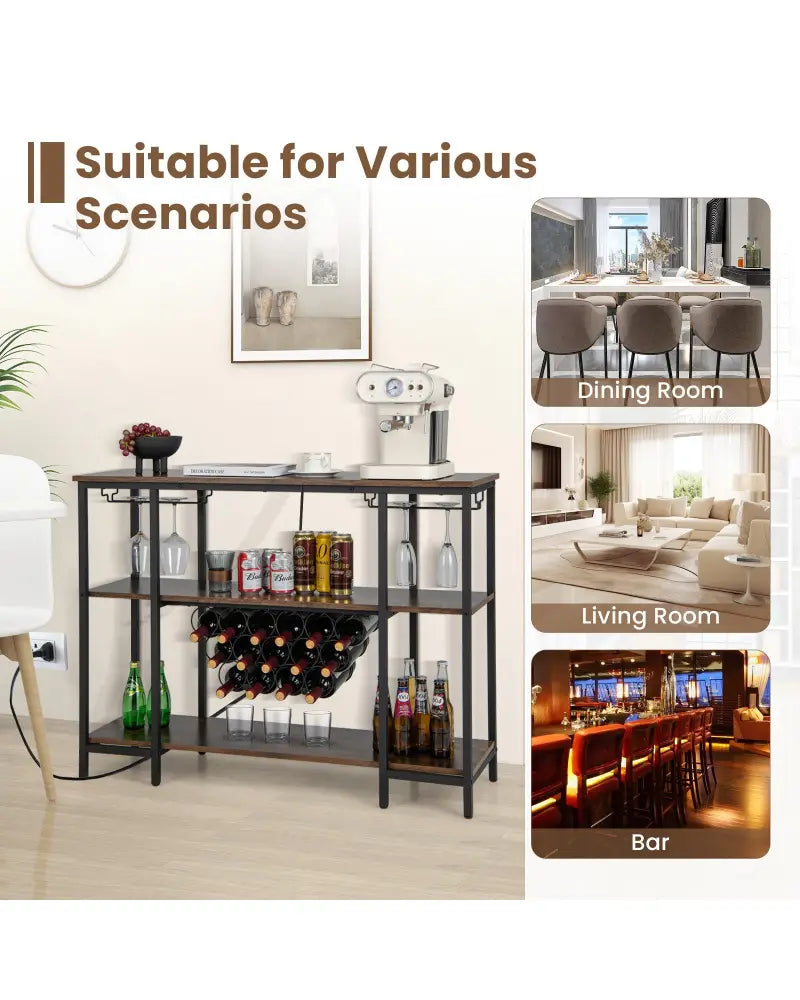 Industrial Wine Rack Wine Bar Cabinet with Storage Shelves-Brown - Brown - Wine Racks