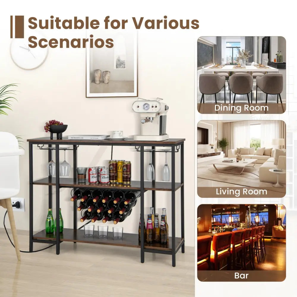 Industrial Wine Rack Wine Bar Cabinet with Storage Shelves-Brown - Brown - Wine Racks