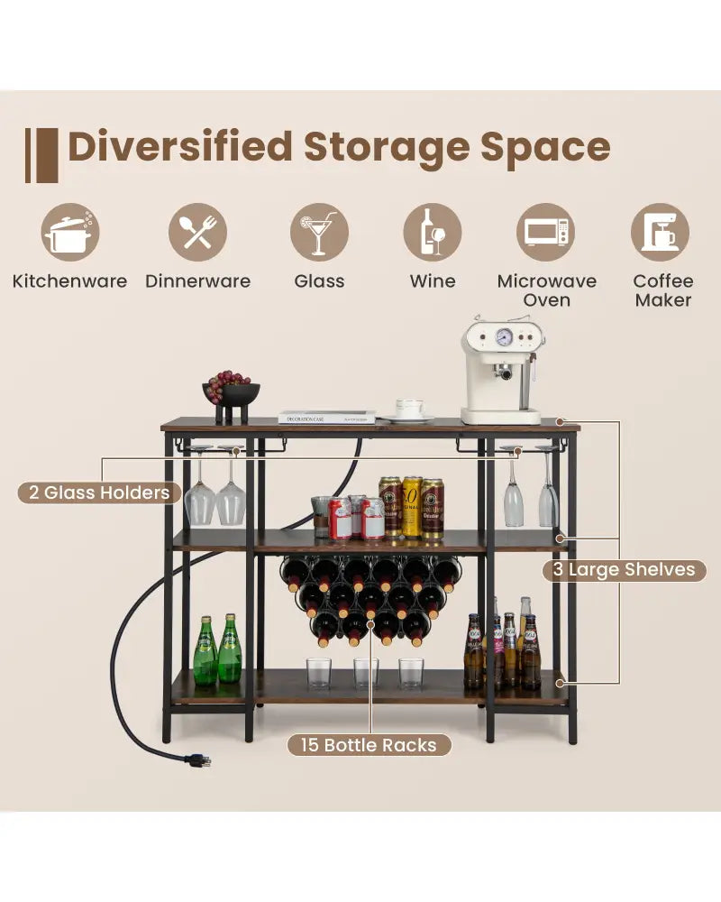 Industrial Wine Rack Wine Bar Cabinet with Storage Shelves-Brown - Brown - Wine Racks