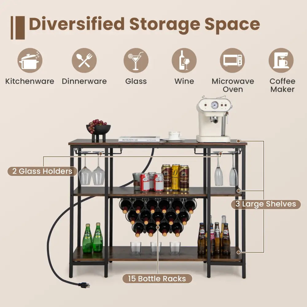 Industrial Wine Rack Wine Bar Cabinet with Storage Shelves-Brown - Brown - Wine Racks