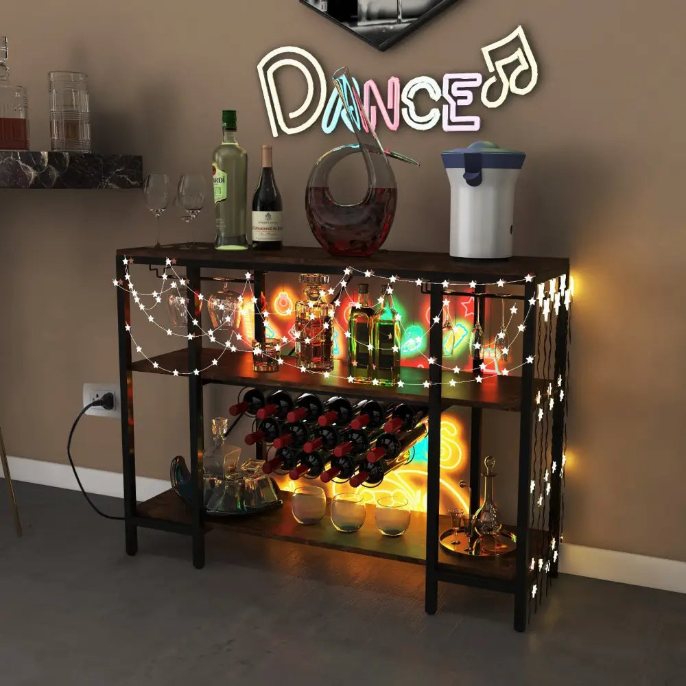 Industrial Wine Rack Wine Bar Cabinet with Storage Shelves-Brown - Brown - Wine Racks