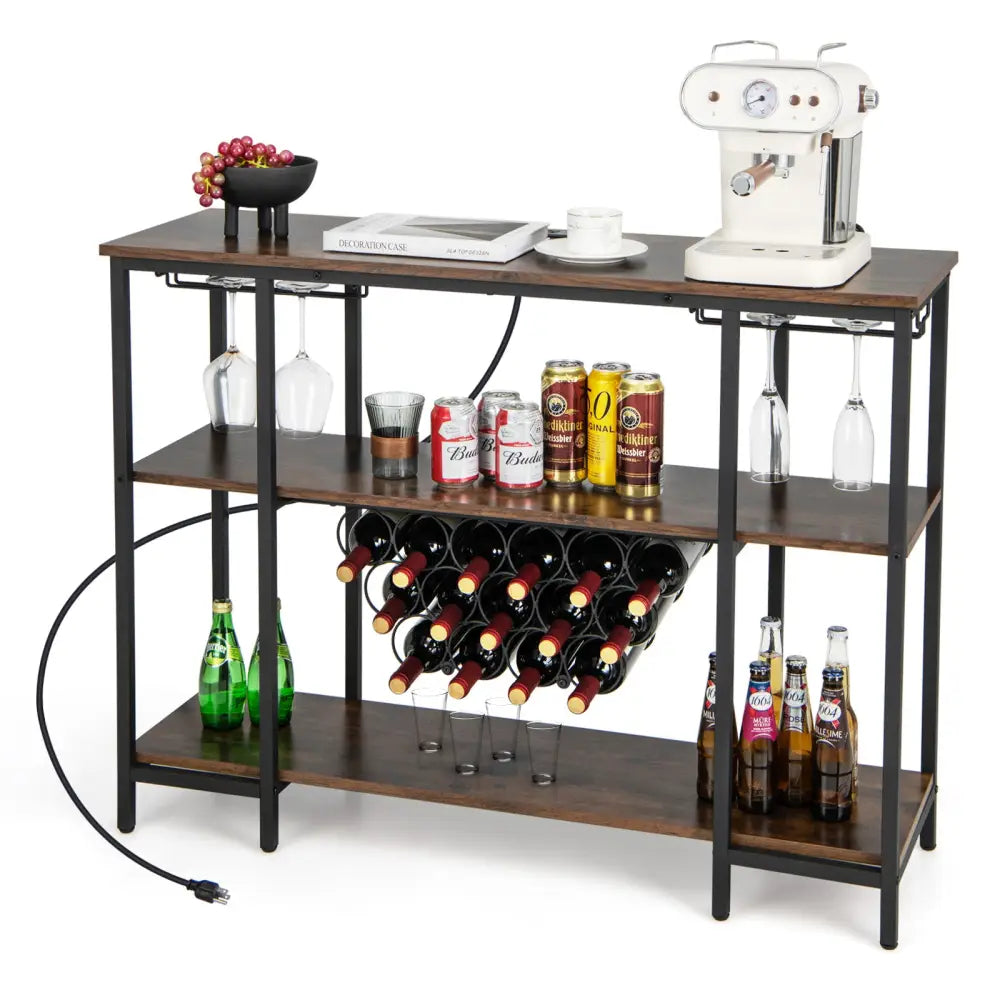 Industrial Wine Rack Wine Bar Cabinet with Storage Shelves-Brown - Brown - Wine Racks