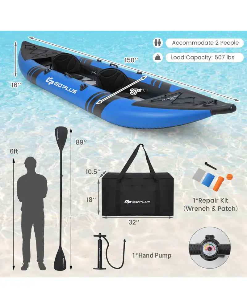 Inflatable 2-person Kayak Set with Aluminium Oars and Repair Kit-Blue - Blue - Surfing