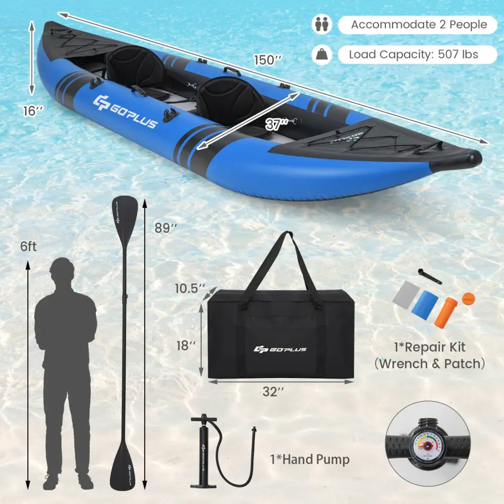 Inflatable 2-person Kayak Set with Aluminium Oars and Repair Kit-Blue - Blue - Surfing
