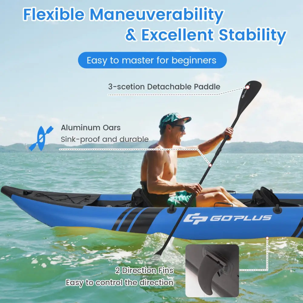 Inflatable 2-person Kayak Set with Aluminium Oars and Repair Kit-Blue - Blue - Surfing