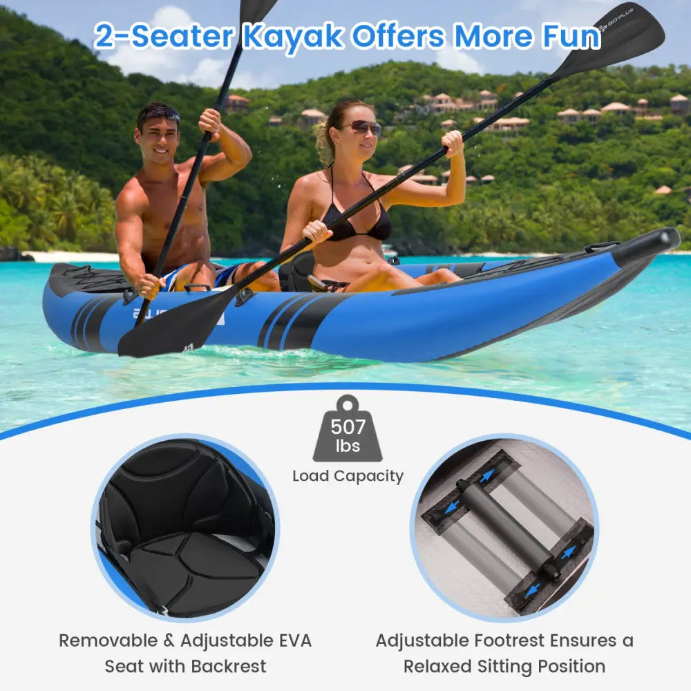 Inflatable 2-person Kayak Set with Aluminium Oars and Repair Kit-Blue - Blue - Surfing