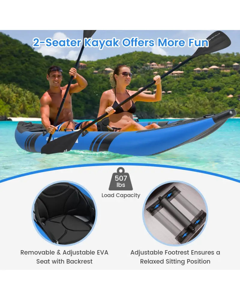 Inflatable 2-person Kayak Set with Aluminium Oars and Repair Kit-Blue - Blue - Surfing