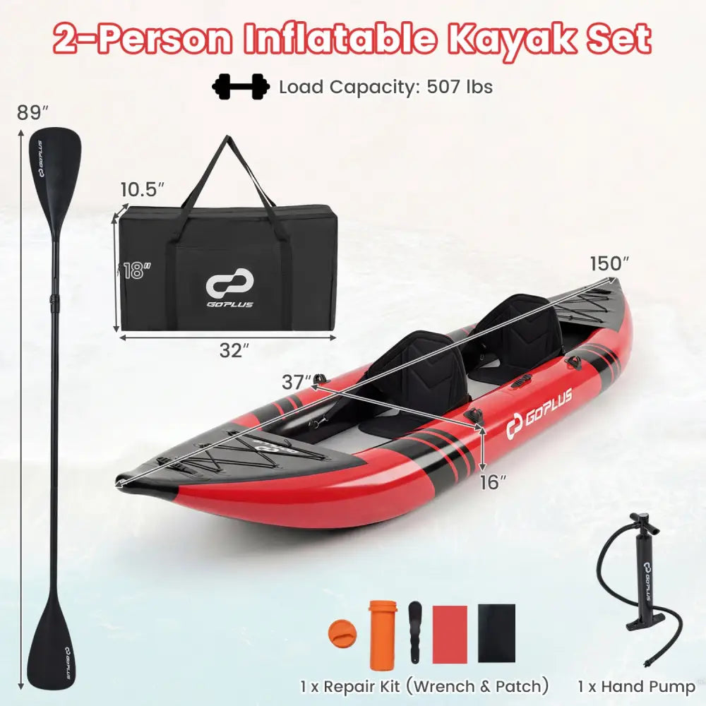 Inflatable 2-person Kayak Set with Aluminium Oars and Repair Kit-Red - Red - Surfing