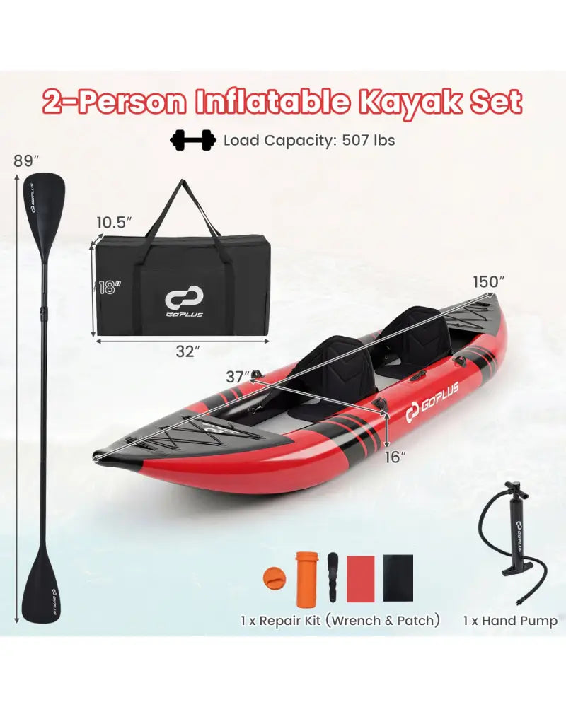 Inflatable 2-person Kayak Set with Aluminium Oars and Repair Kit-Red - Red - Surfing