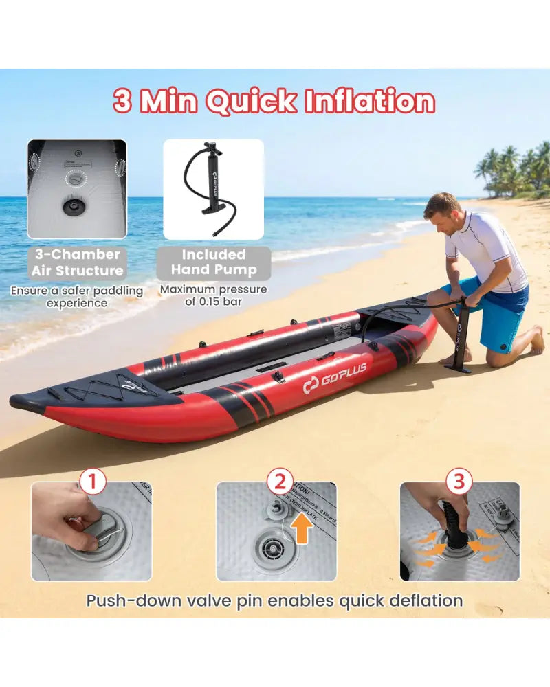 Inflatable 2-person Kayak Set with Aluminium Oars and Repair Kit-Red - Red - Surfing