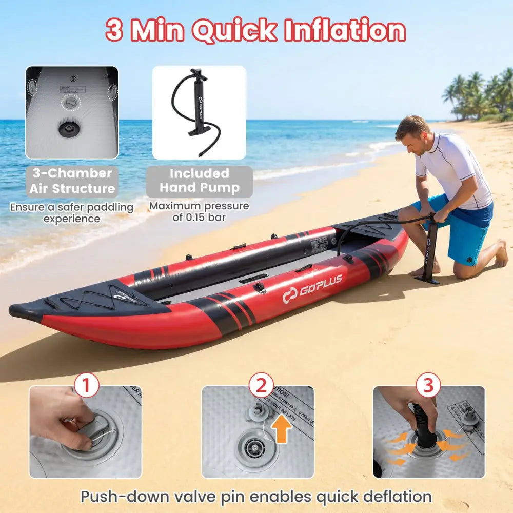 Inflatable 2-person Kayak Set with Aluminium Oars and Repair Kit-Red - Red - Surfing