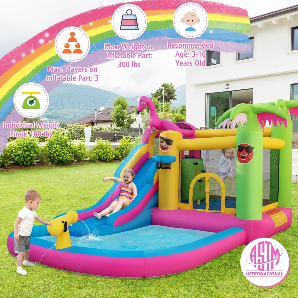 Inflatable Bounce Castle with Long Water Slide and 735W Blower - Multicolor - Inflatable Water Slides