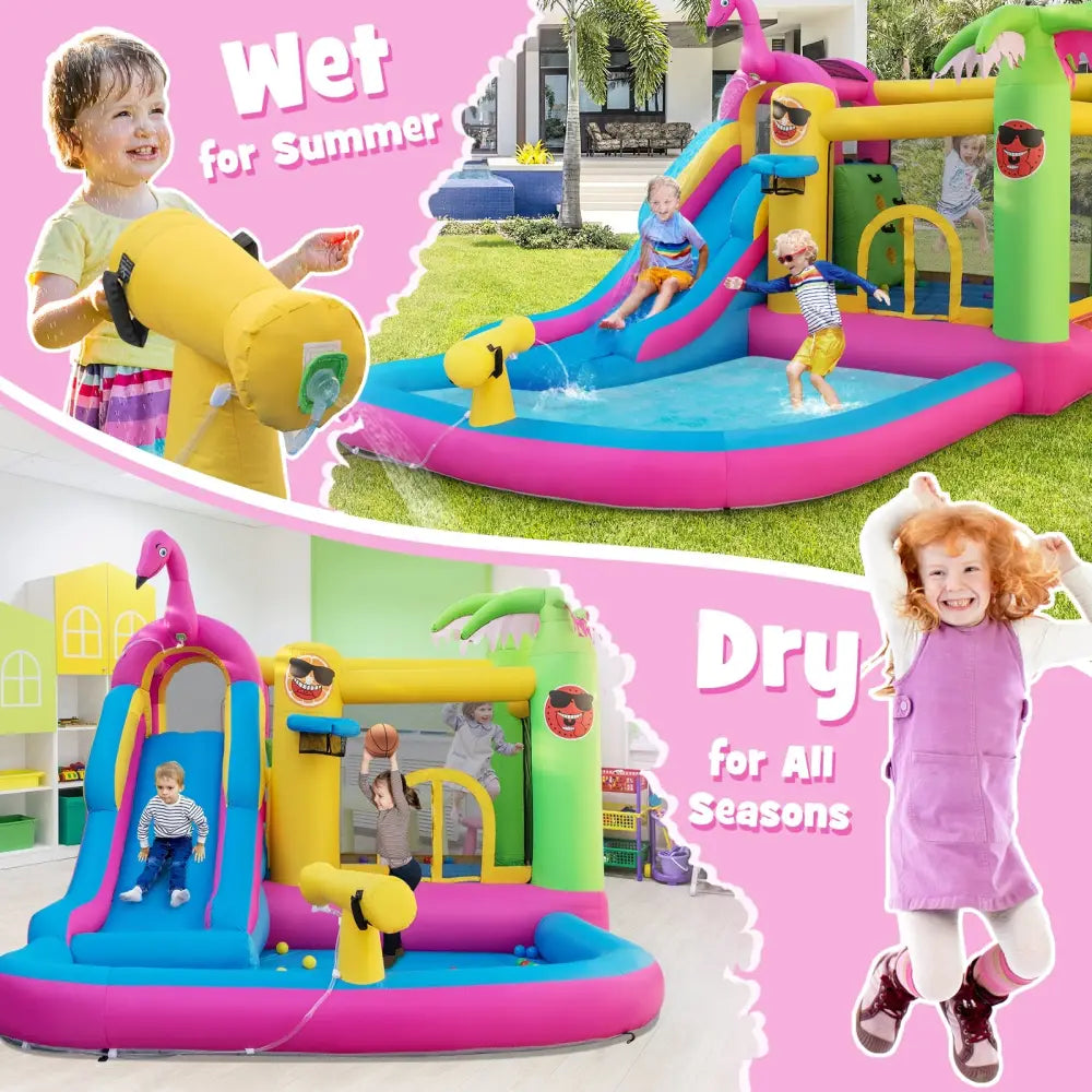 Inflatable Bounce Castle with Long Water Slide and 735W Blower - Multicolor - Inflatable Water Slides