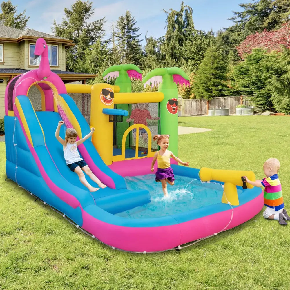 Inflatable Bounce Castle with Long Water Slide and 735W Blower - Multicolor - Inflatable Water Slides