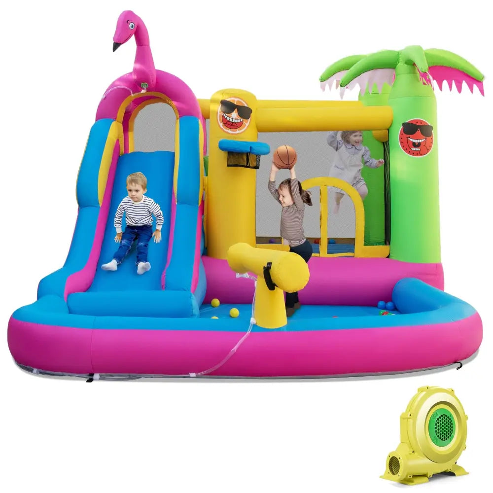 Inflatable Bounce Castle with Long Water Slide and 735W Blower - Multicolor - Inflatable Water Slides