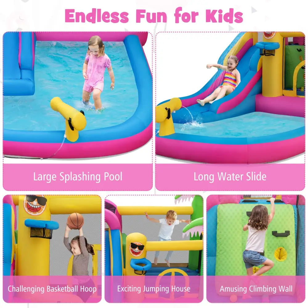Inflatable Bounce Castle with Long Water Slide and 735W Blower - Multicolor - Inflatable Water Slides