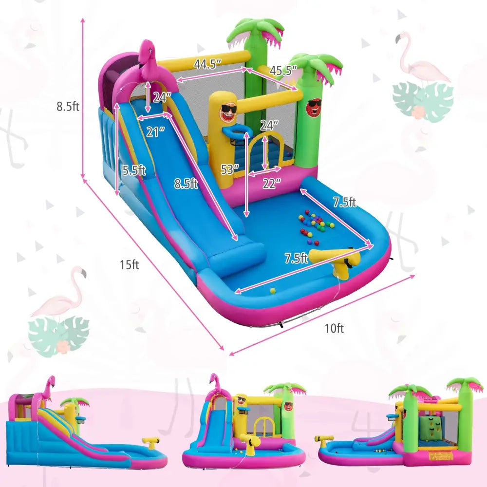 Inflatable Bounce Castle with Long Water Slide and 735W Blower - Multicolor - Inflatable Water Slides