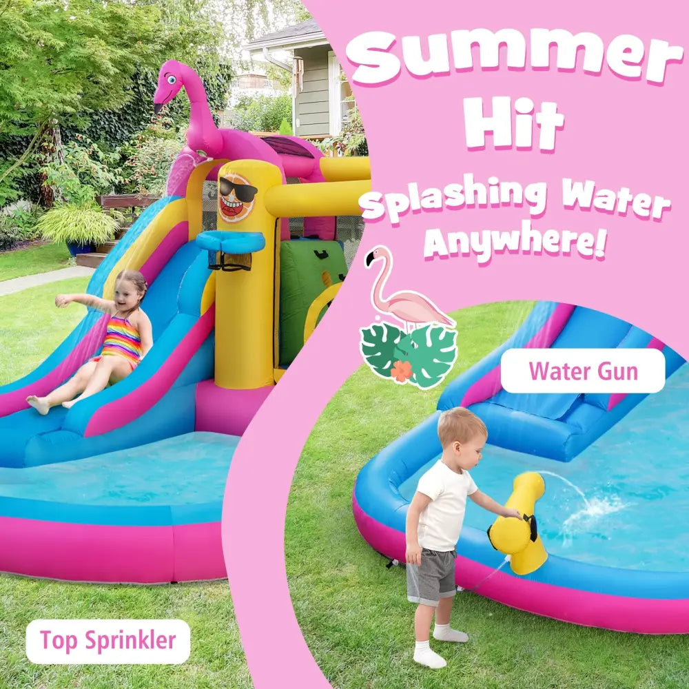 Inflatable Bounce Castle with Long Water Slide and 735W Blower - Multicolor - Inflatable Water Slides